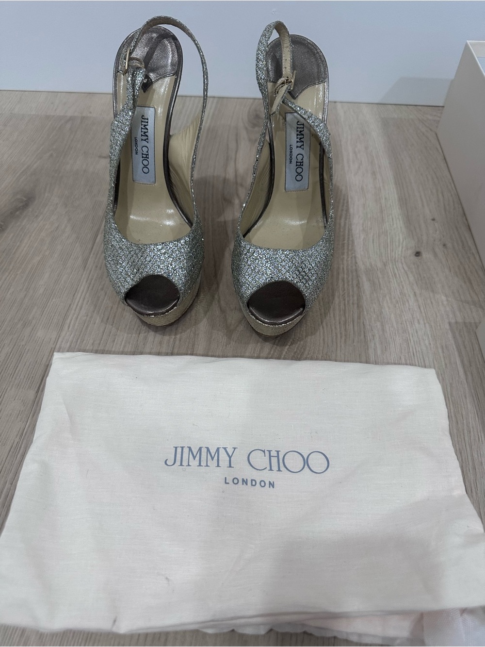 Jimmy Choo Silver Glitter Peep-Toe Slingback Heels